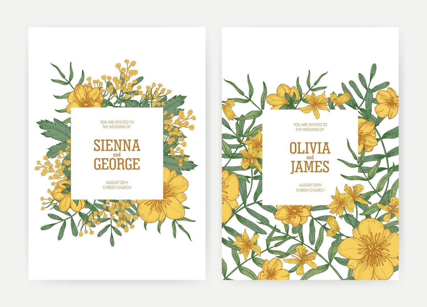 Bundle of wedding party celebration invitation templates with yellow blooming Tansy and Buttercup flowers and place for text on white background. Beautiful realistic floral illustration. vector