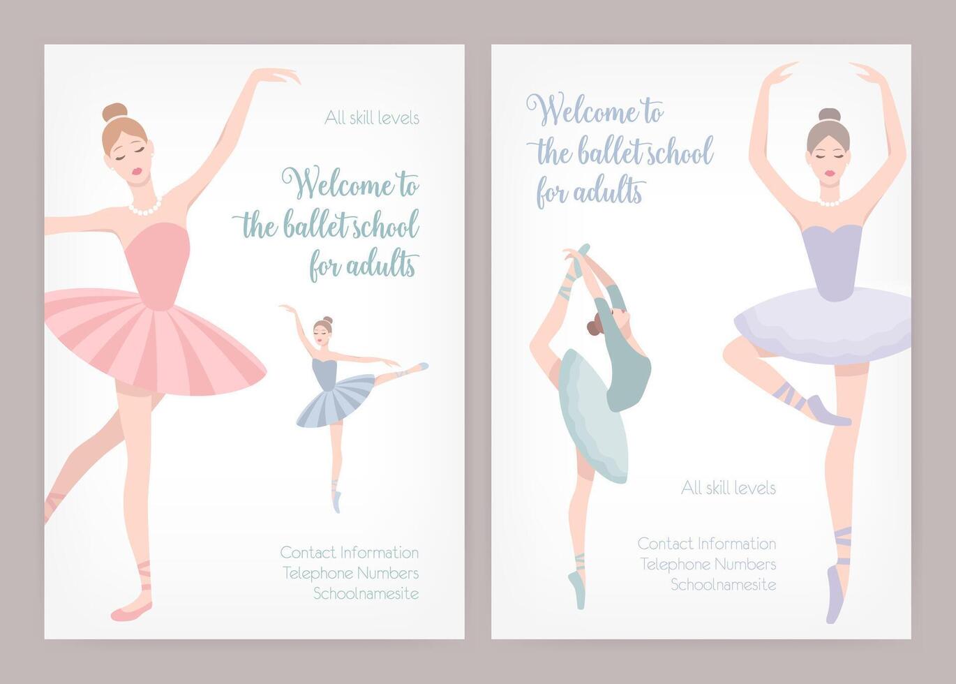 Bundle of poster or flyer templates for ballet school or studio for adults with elegant dancing ballerinas wearing tutu and place for text on white background. illustration for advertisement. vector