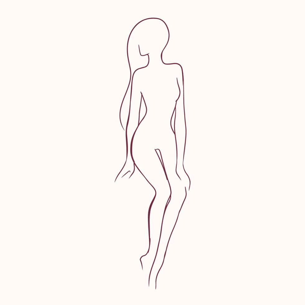 Silhouette of pretty slim nude long-haired woman hand drawn with contour lines. Stylized outline drawing of slender female naked body isolated on light background. Monochrome illustration. vector