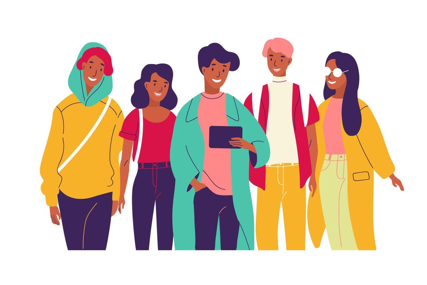 Happy friends watching together. Group of young smiling men and women dressed in trendy clothes looking at tablet pc screen. Bright colored illustration in modern flat cartoon style. vector
