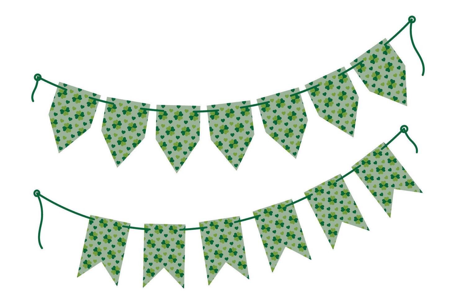 Pennant garlands on rope quatrefoil clover and decorative hearts pattern in trendy monochrome green. St Patrick greeting Set 2 Isolated illustration Card, poster, leaflet, banner or web promo vector