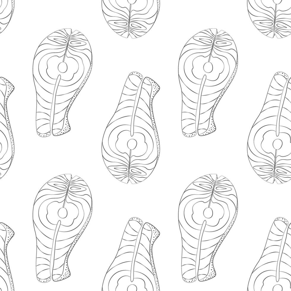 Outline Salmon steaks Seamless pattern. Healthy Eating Day Background or wallpaper design concept. Isolated illustration Wrapping, packing or web promo, cards, leaflet, banner, price tag, label vector