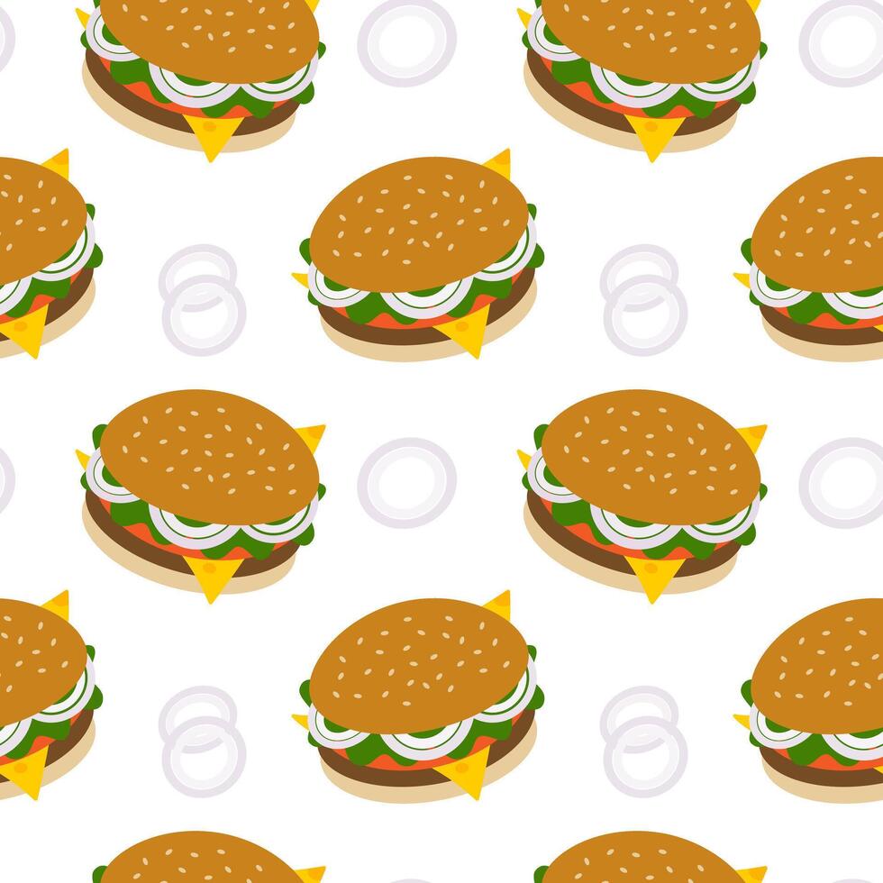 Sesame bun chees, meat, salad, slice tomato and purple onion Seamless pattern. Fast Food background. Isolated illustration Stickers, icons or cards, poster, leaflets, label, tags, media posts vector
