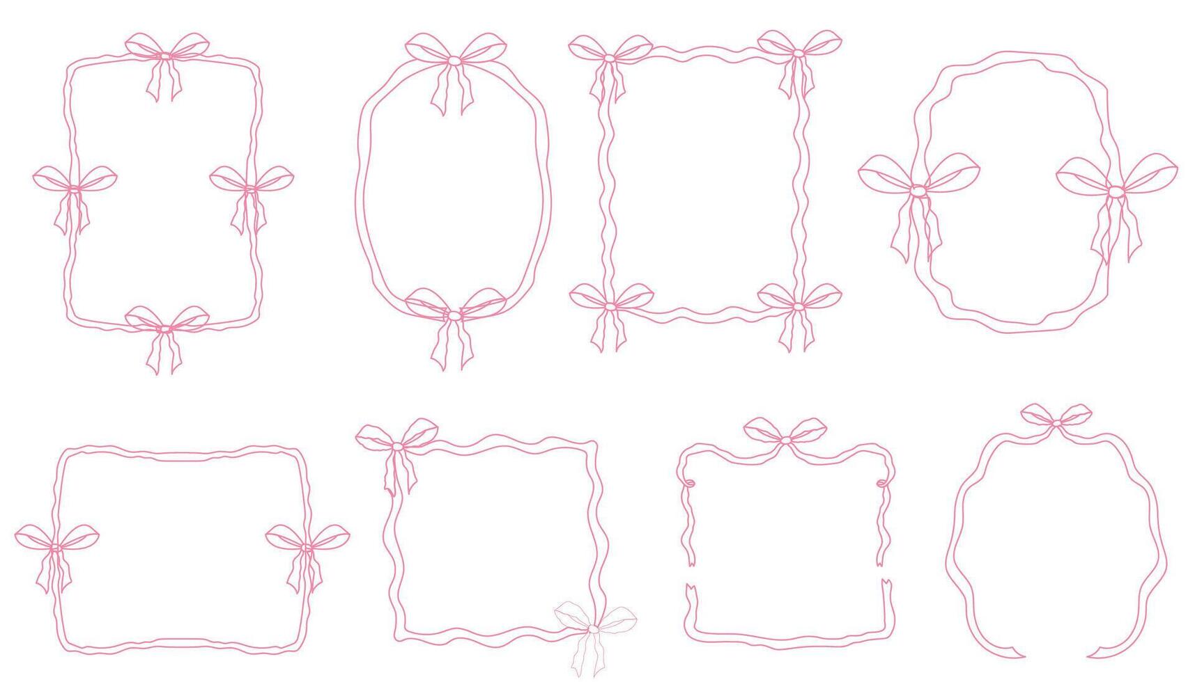 Coquette pink frame ribbon lace bow, pink wavy border y2k retro set. Aesthetic feminine decor. Ruffled ribbon. Doodle hand drawn. vector