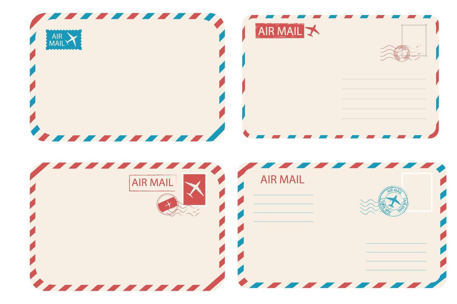Air mail set blank postal stamps and marks. Retro Vintage postage card decorations. Blank template. Airmail text, plane collection. vector