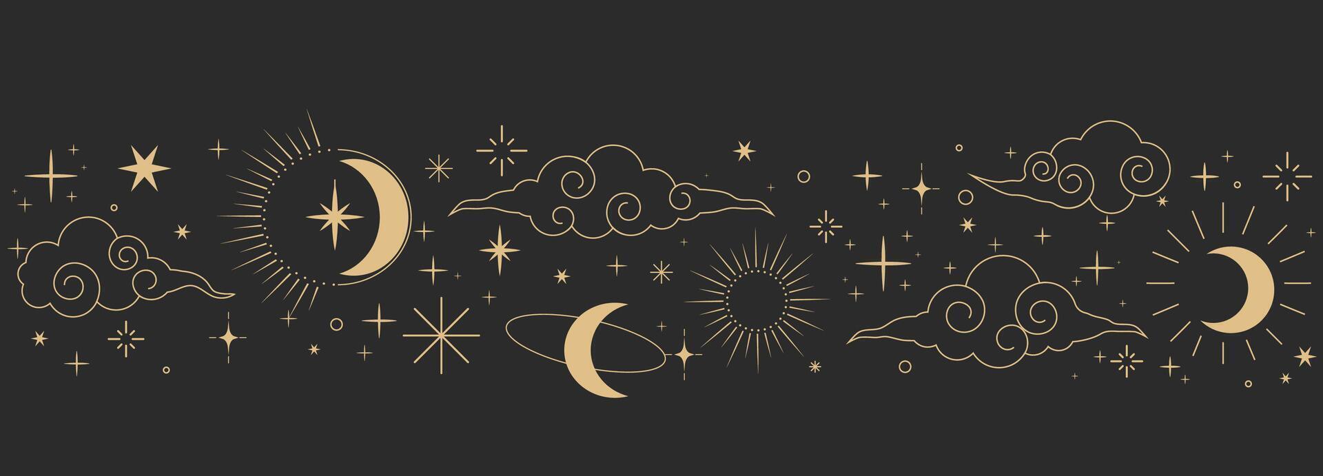Celestial seamless border, witch spiritual decoration with asian clouds moon, sun burst and stars. line astrology pattern, minimal geometric background. vector