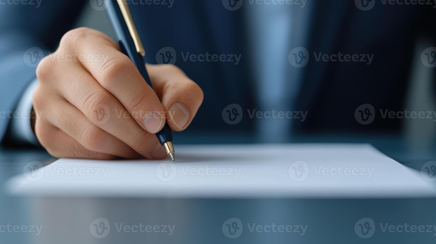 A poised hand holding a pen, ready to write on a blank sheet of paper, suggests focus, creativity, and professionalism. photo
