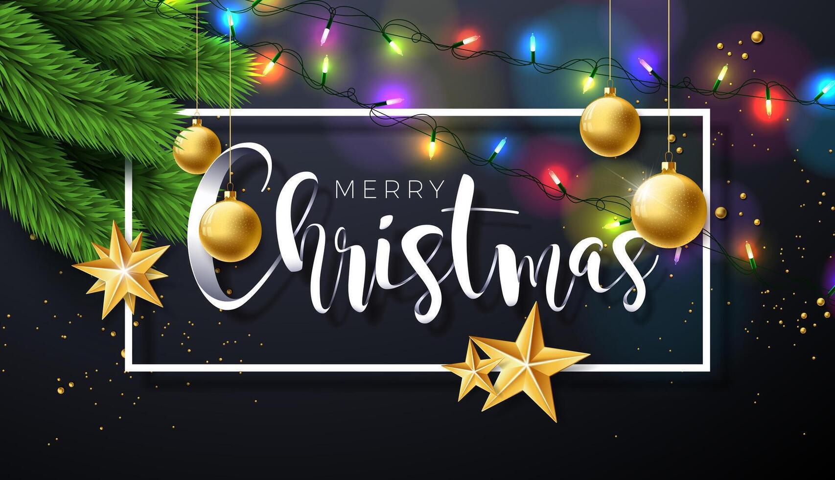 Merry Christmas and Happy New Year Illustration with Gold Glass Ball, Star and Lights Garland on Black Background. Holiday Season Banner Design for Greeting Card, Party Flyer, Celebration vector