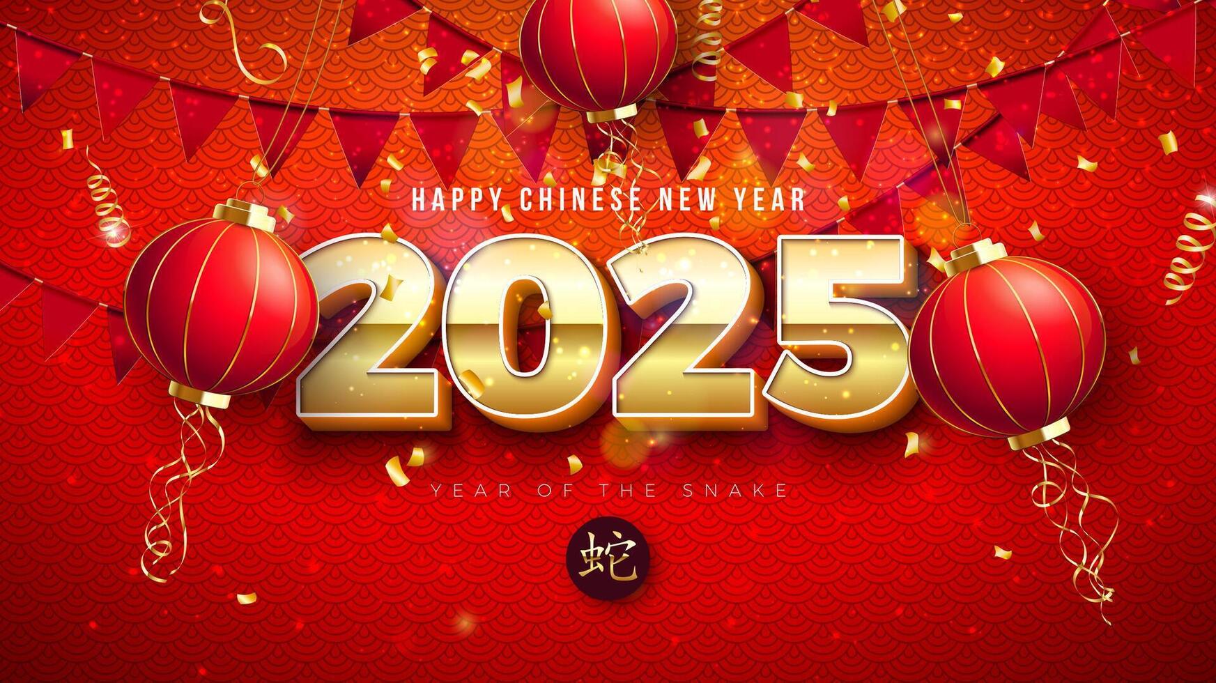 Happy Chinese New Year 2025 Banner with 3d Gold Number, Paper Lantern and Party Flag on Red Scaly Pattern Background. Lunar New Year Traditional Design with Chinese Language Snake Zodiac Symbol for vector
