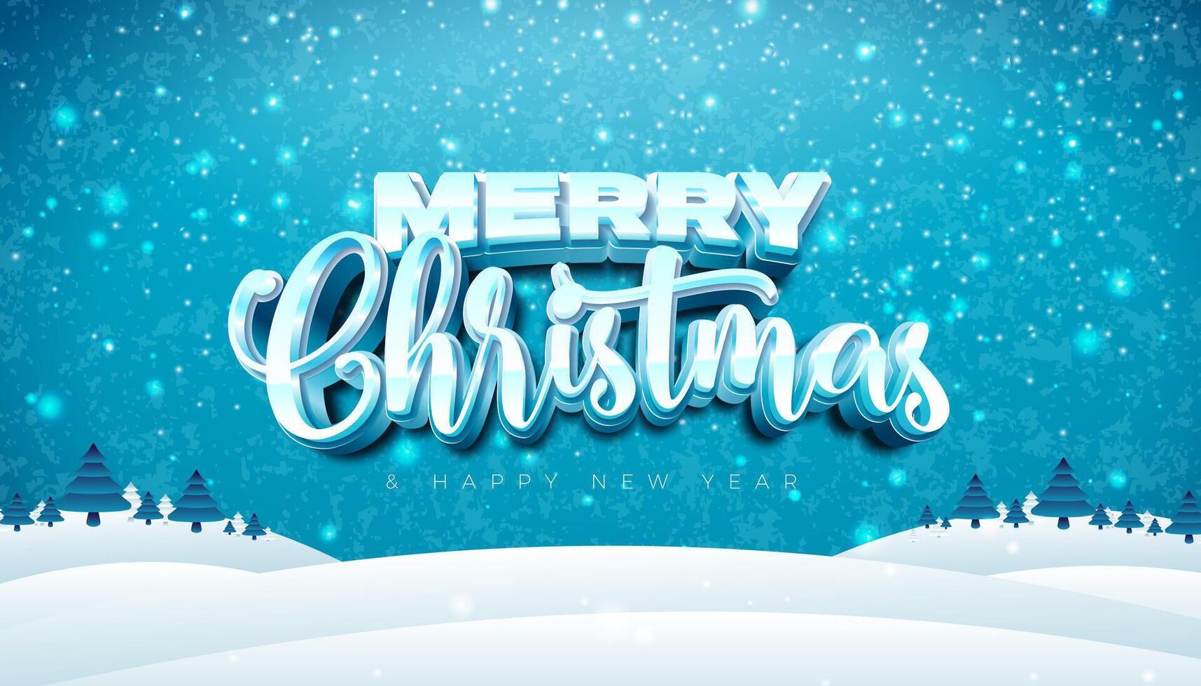 Merry Christmas and Happy New Year Greeting Card Illustration with 3d Typography Letter on Winter Landscape Background. Xmas Holiday Season Banner Design for Party Flyer, Celebration Poster and vector