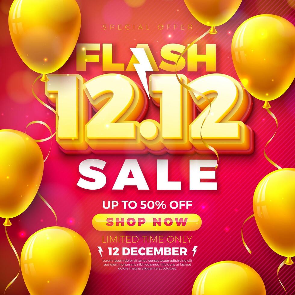 12 December Shopping Day Flash Sale Design with 3d 12.12 Number and Party Balloon on Red Falling Confetti Background. Special Offer 50 Percent Off Campaign Discount Illustration for Coupon vector