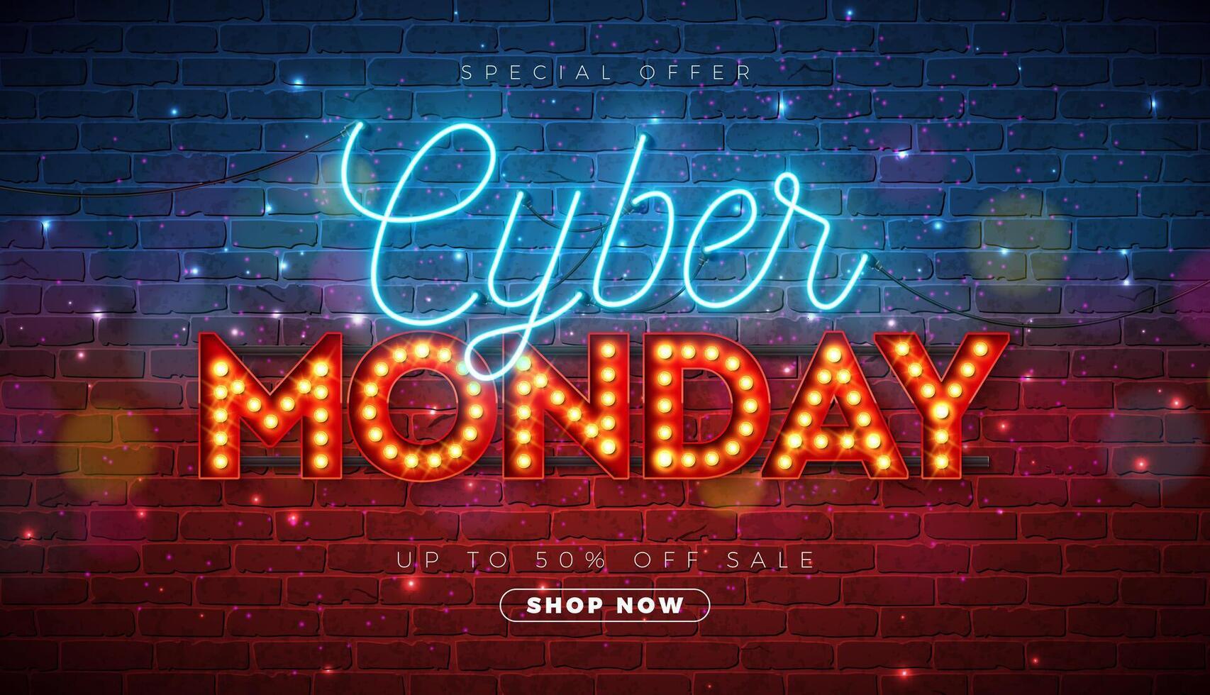 Black Friday Sale Banner with Glowing Neon and Light Bulb Typography Lettering on Brick Wall Background. Modern Holiday Season Minimal Design for Promotion Flyer, Advertising Poster, Fashion vector