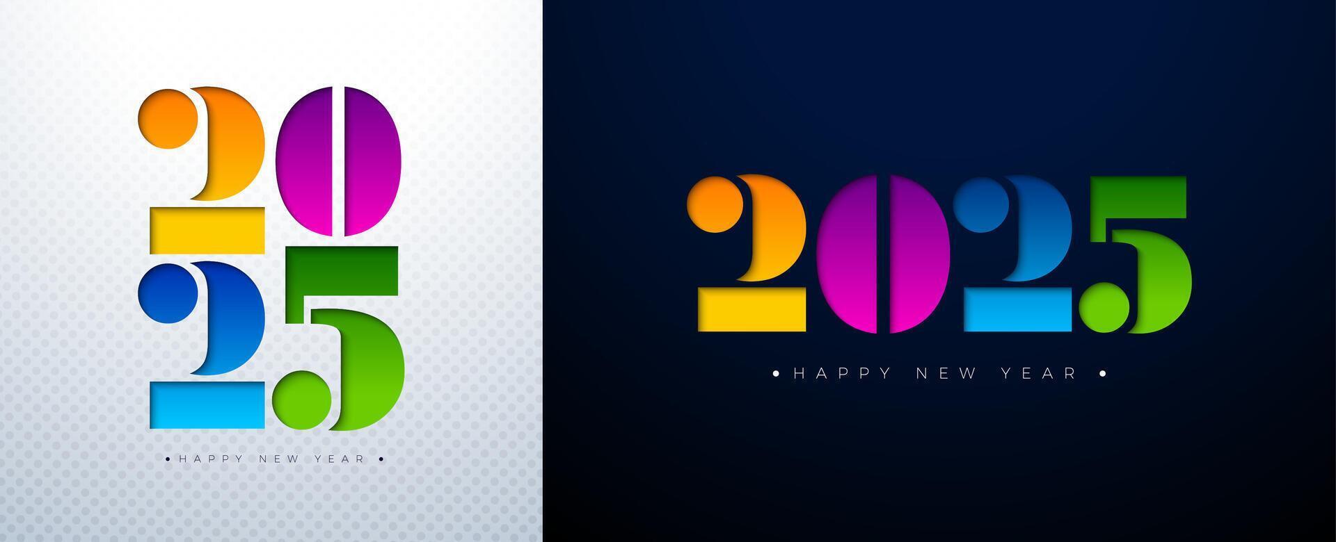 Happy New Year 2025 Illustration Set with Colorful Typography Lettering on White and Dark Background. Holiday Design for Flyer, Banner, Greeting Card, Celebration Poster, Party Invitation, Calendar vector