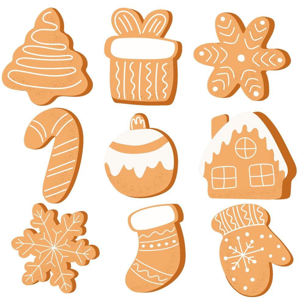 Christmas Gingerbread Cookies. Winter sweet homemade biscuits in different shapes isolated on white background. vector