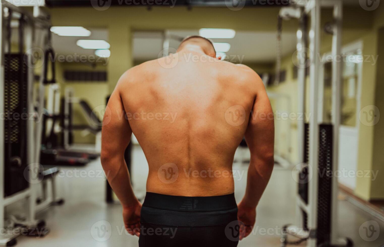 Image of a man bodybuilder from a back at gym. photo