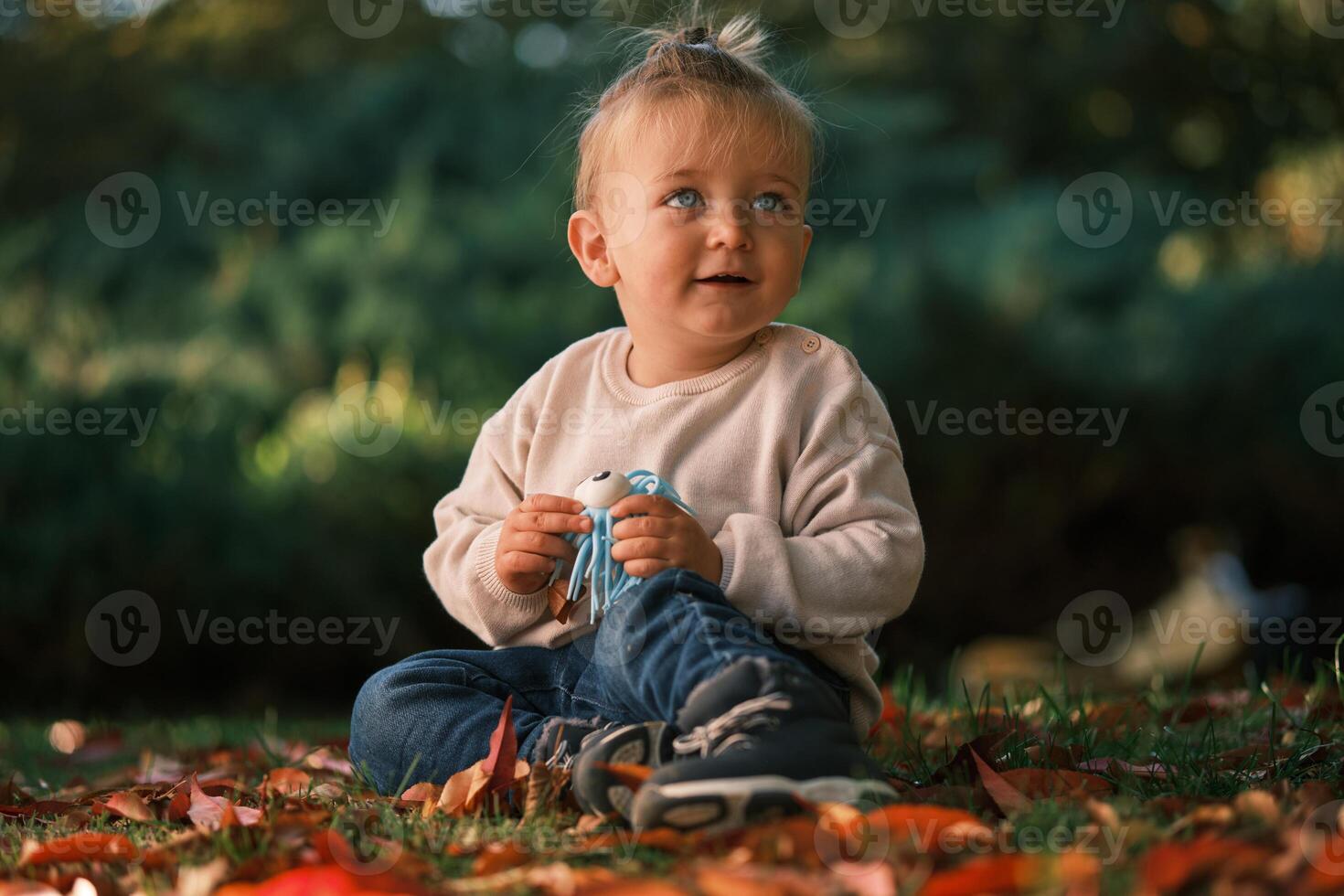 A happy child playing with a toy in the autumn park while sitting on the grass and fallen leaves. photo