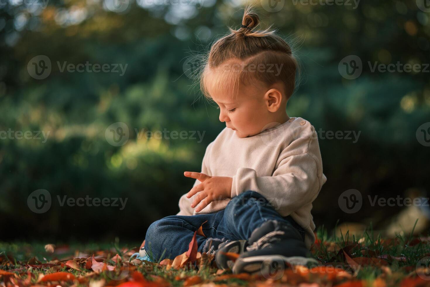 A happy toddler child sitting on the grass in the autumn park. photo