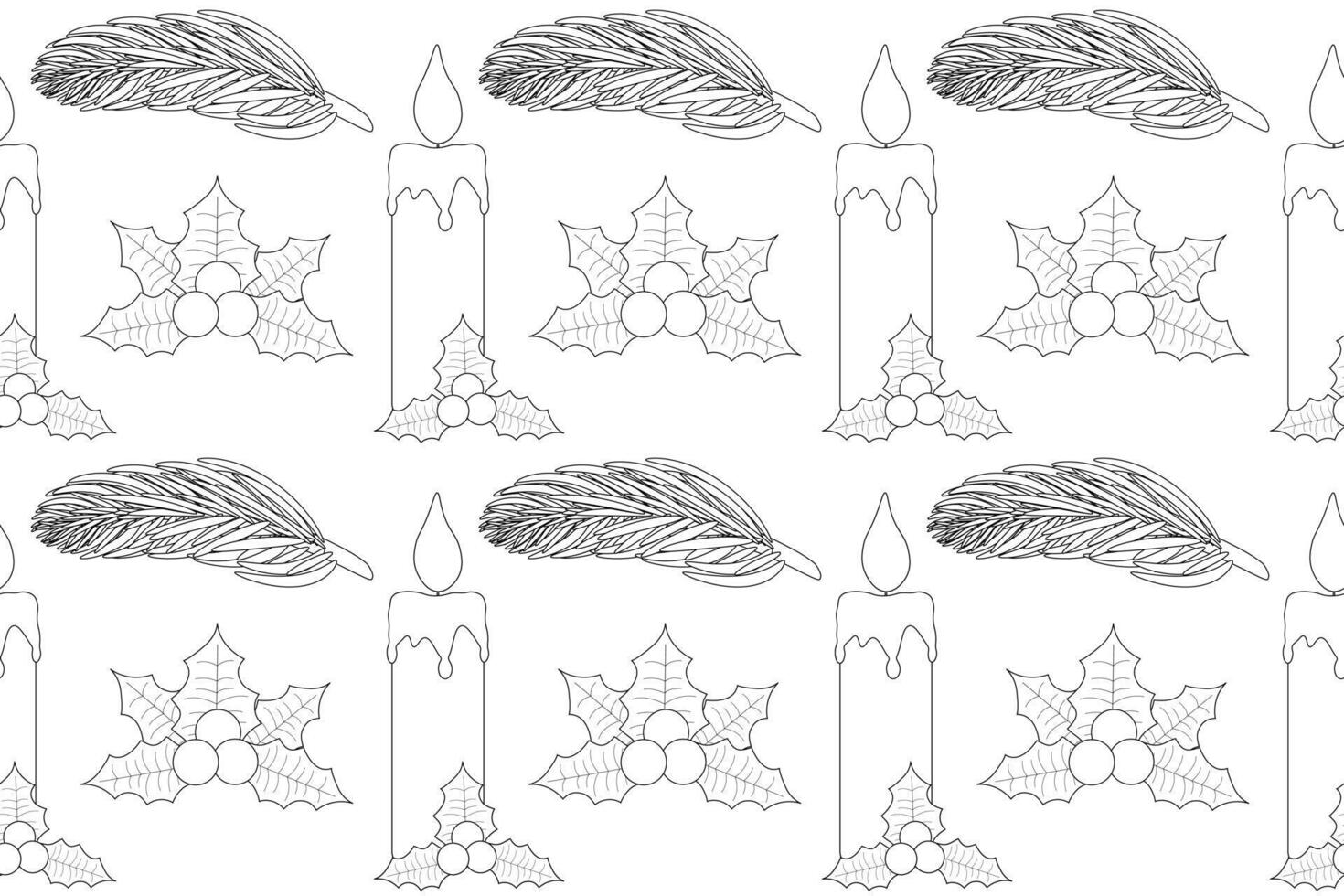 Seamless Christmas pattern with candles, holly, and pine branches for coloring. Perfect for holiday decorations and crafts. vector