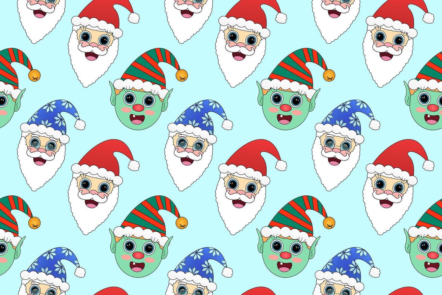 Festive seamless pattern featuring cheerful Santa Claus and elves in colorful hats. Ideal for Christmas and New Years designs. vector