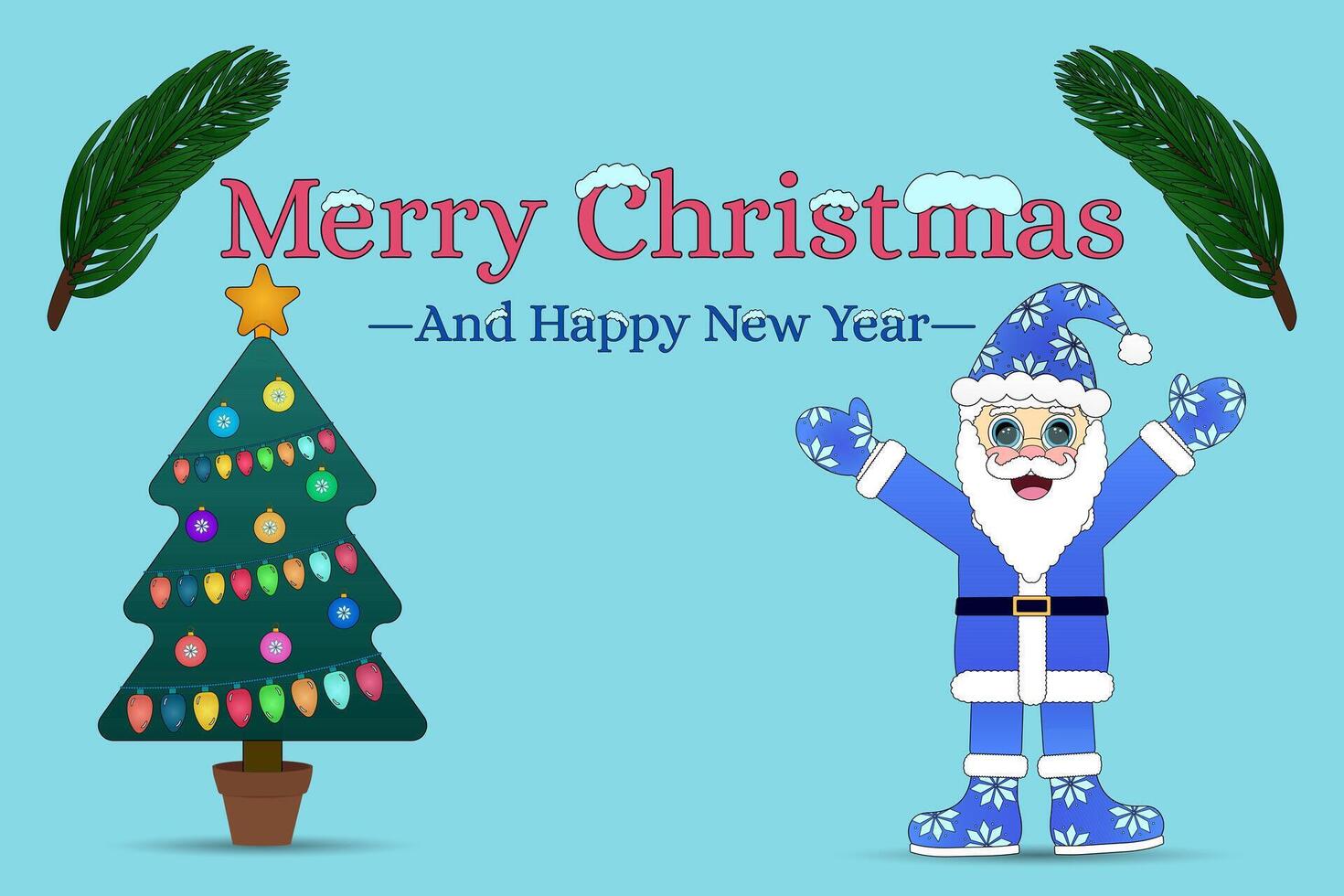 Festive Christmas featuring a decorated tree and a cheerful blue Santa Claus, perfect for holiday cards and seasonal designs. vector