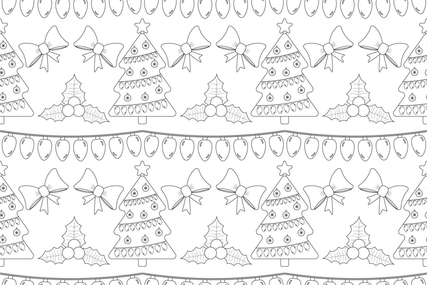 Festive Christmas pattern with trees, holly, bows, and garlands. Perfect for holiday-themed coloring activities and decor. vector