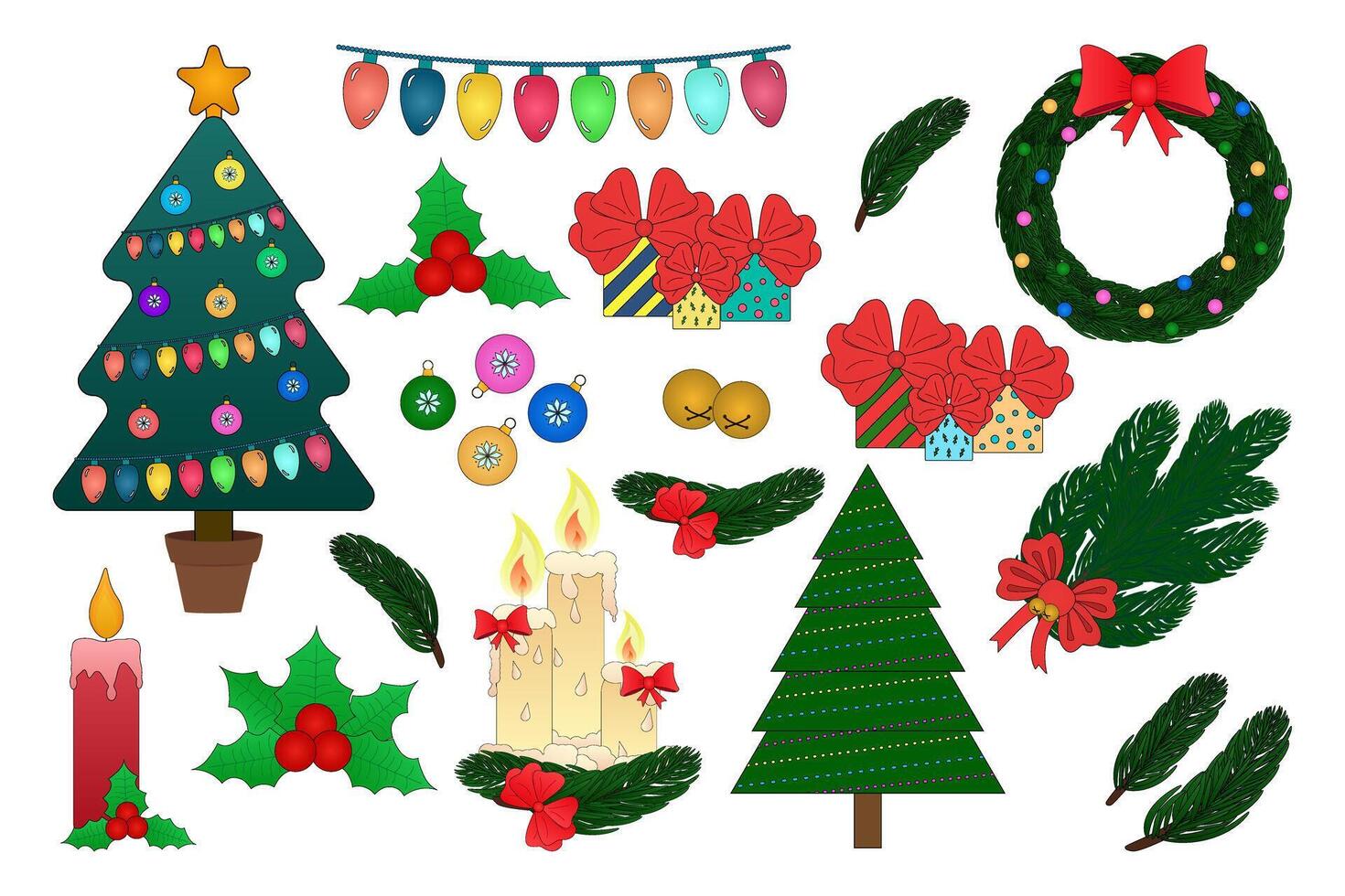 Festive set of Christmas trees, candles, wreaths, gifts, and holiday decorations. Perfect for seasonal designs and New Years themes. vector