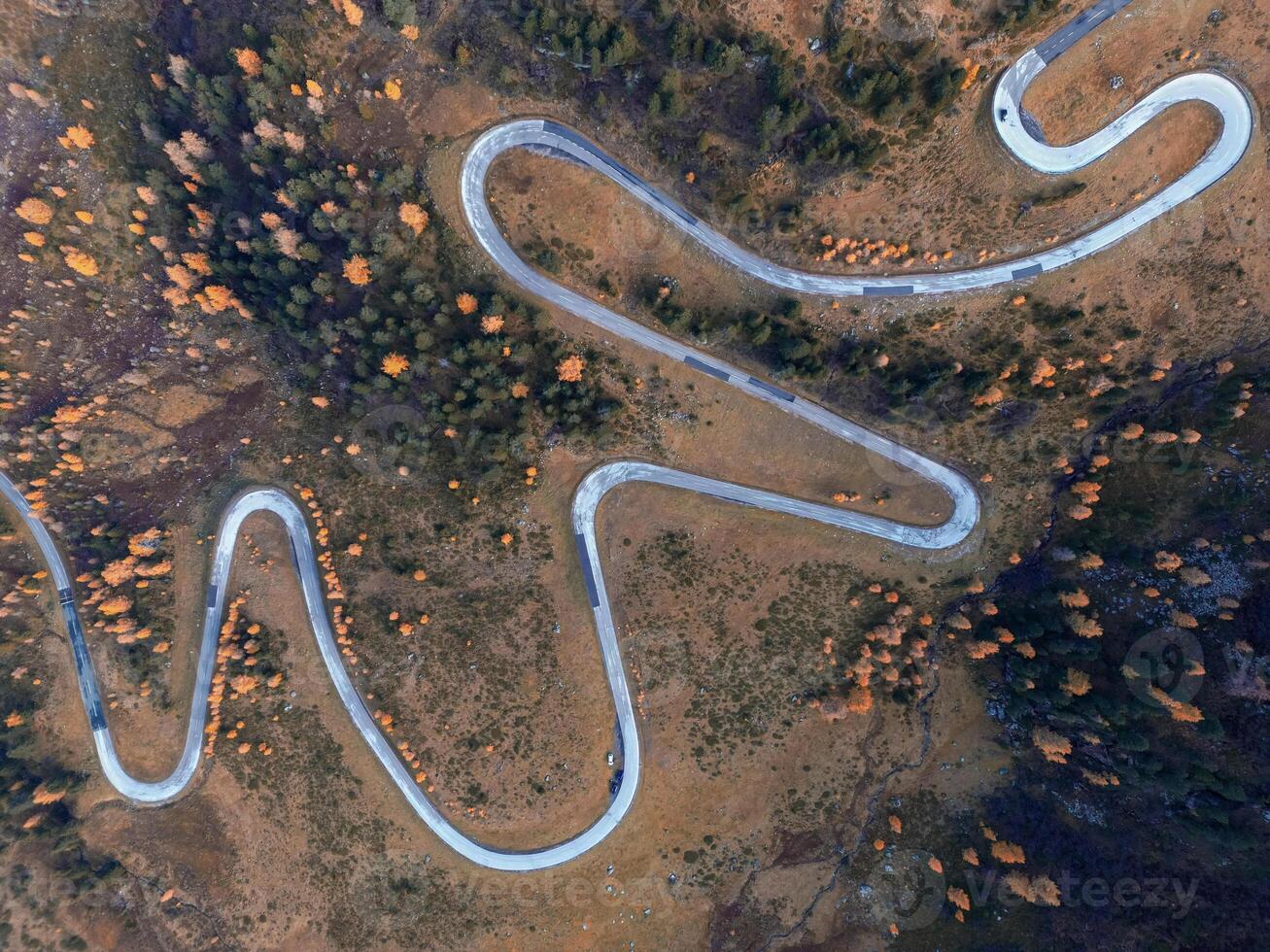 Aerial view of the curly road trough the autumn forest. photo