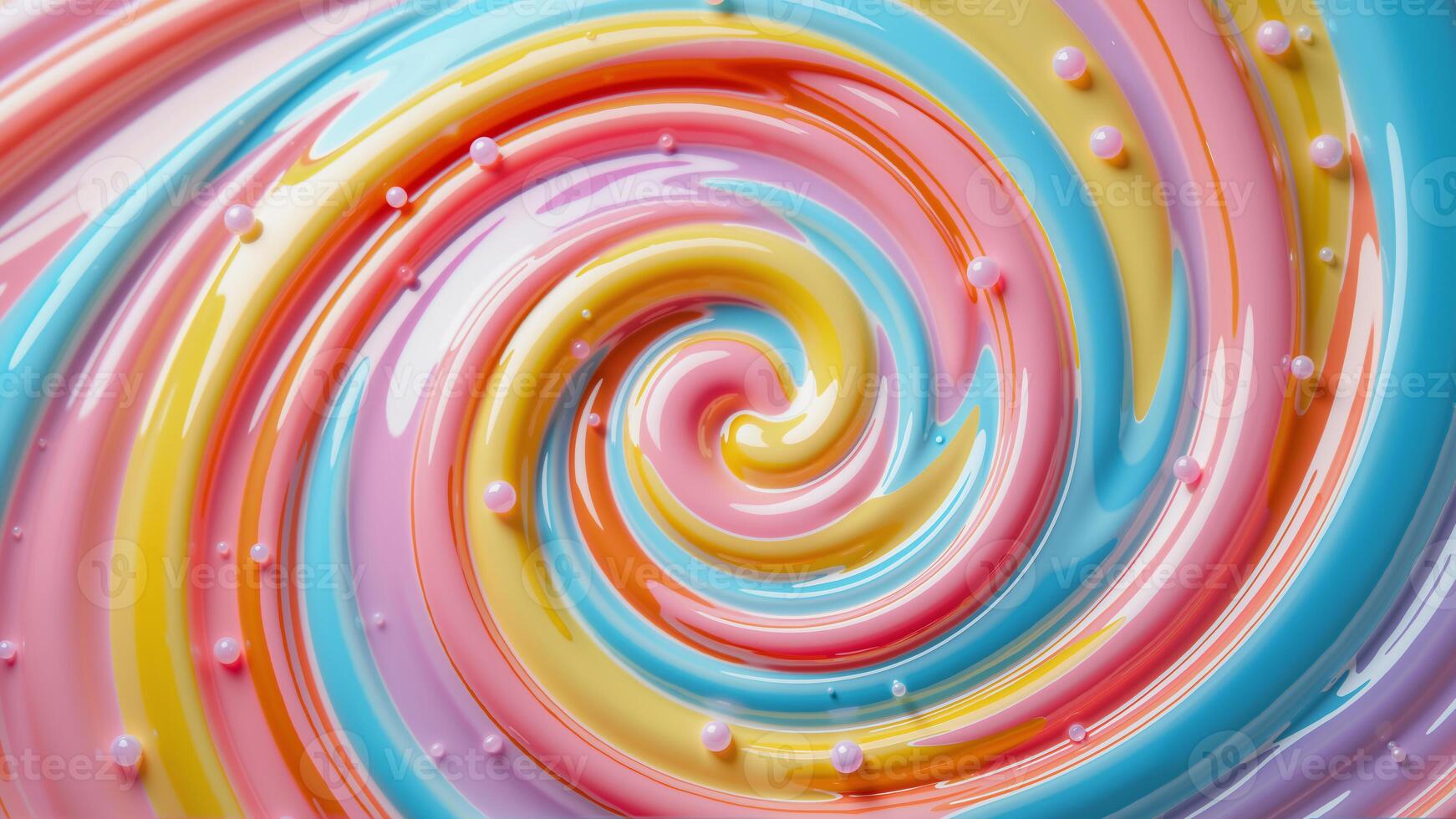 Close-up colorful sweet candy smooth swirl abstract background in pastel colors of pink, blue, yellow. Glossy swirling cream texture and small sugar pearls. Colorful lollipop swirl with a shiny finish photo