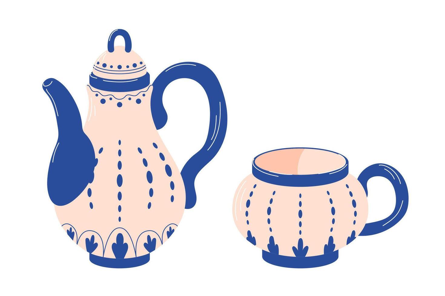 Pottery and porcelain small set in flat style. Ceramic teapot and cup in blue and beige for your interior design. Illustration isolated on white background. vector
