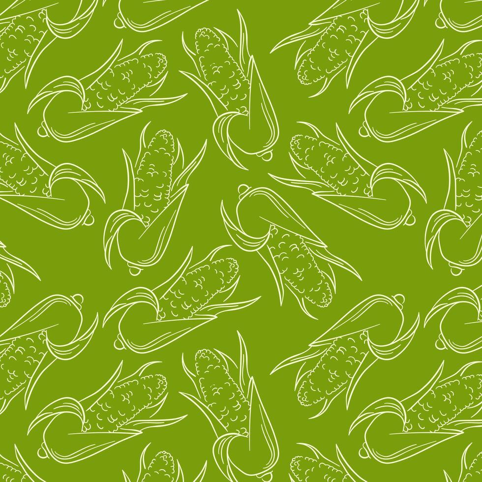 Seamless corn pattern in line art style with a green background. Illustration of corn on the cob with husks, ideal for food related design, background or packaging. vector