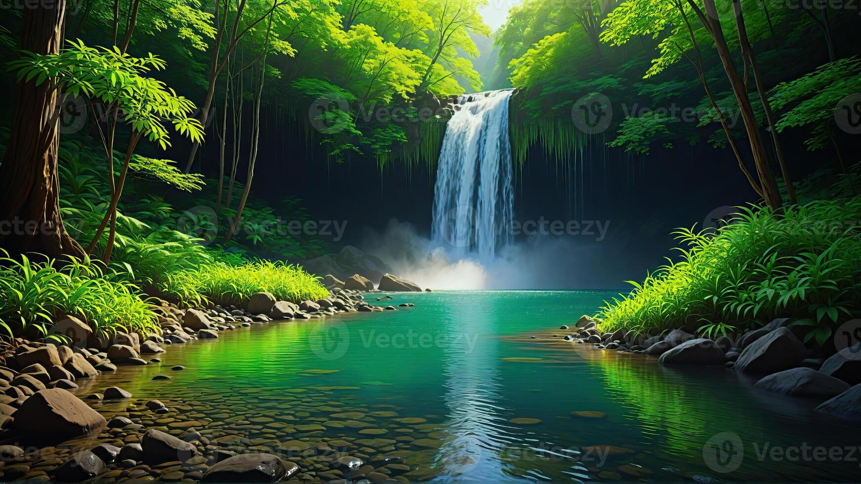 Beautiful tropical waterfall in jungles paradise with turquoise blue pond. Amazing beautiful nature of deep tropical rainforest. Perfect landscape background for relaxing, vacation, travel concept photo