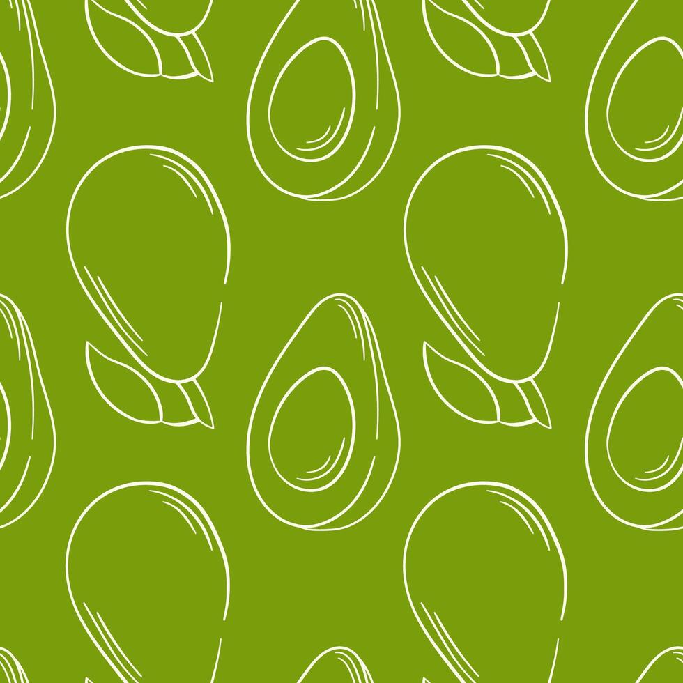 Avocado seamless pattern in line art style on green background. Design for textile, package, wrapping paper, fruit shop. vector