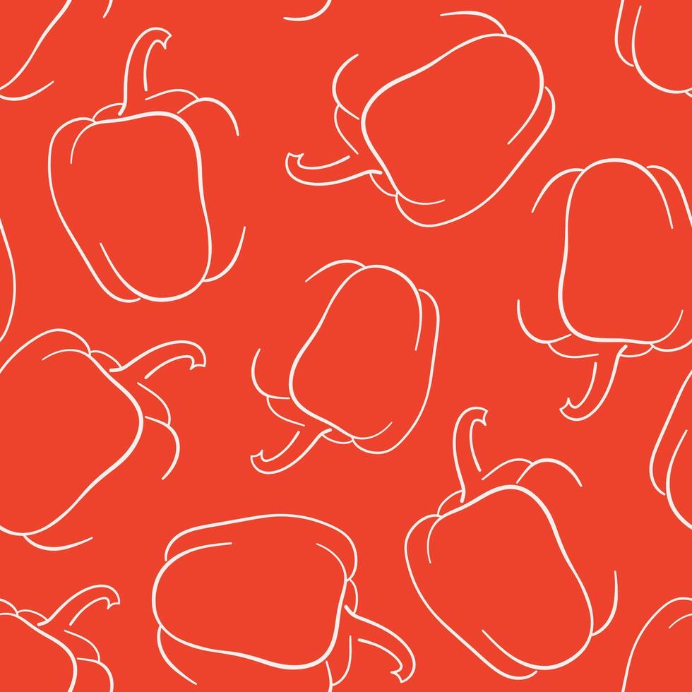 Pepper seamless pattern in line art style on red background. Perfect design for farm market product, package, menu, wallpaper. vector