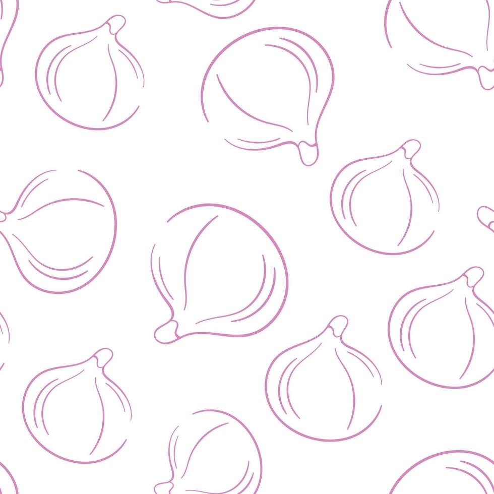 Seamless fig pattern in minimal line art style with a soft pink outline on white background. Ideal for food themed design, wallpaper or botanical illustration. vector