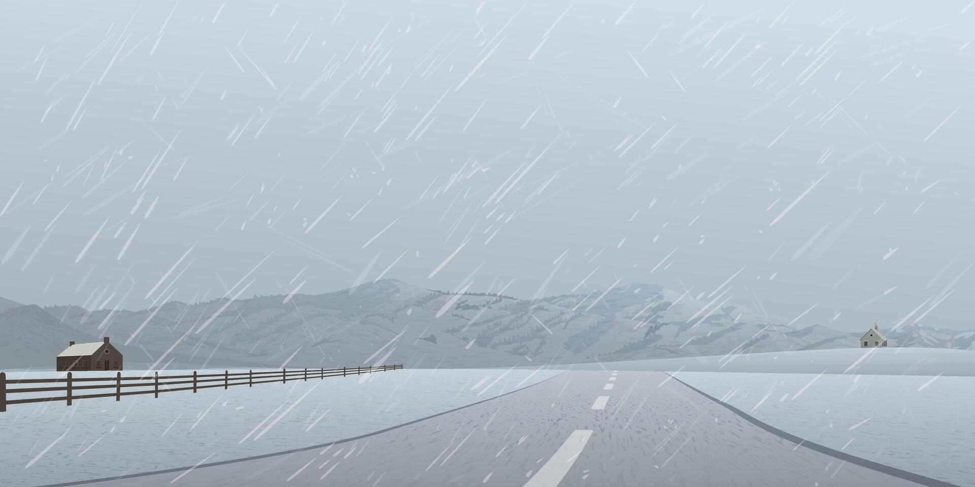 Countryside landscape in rainy day have mountain ranges and dusk sky background graphic illustration. vector