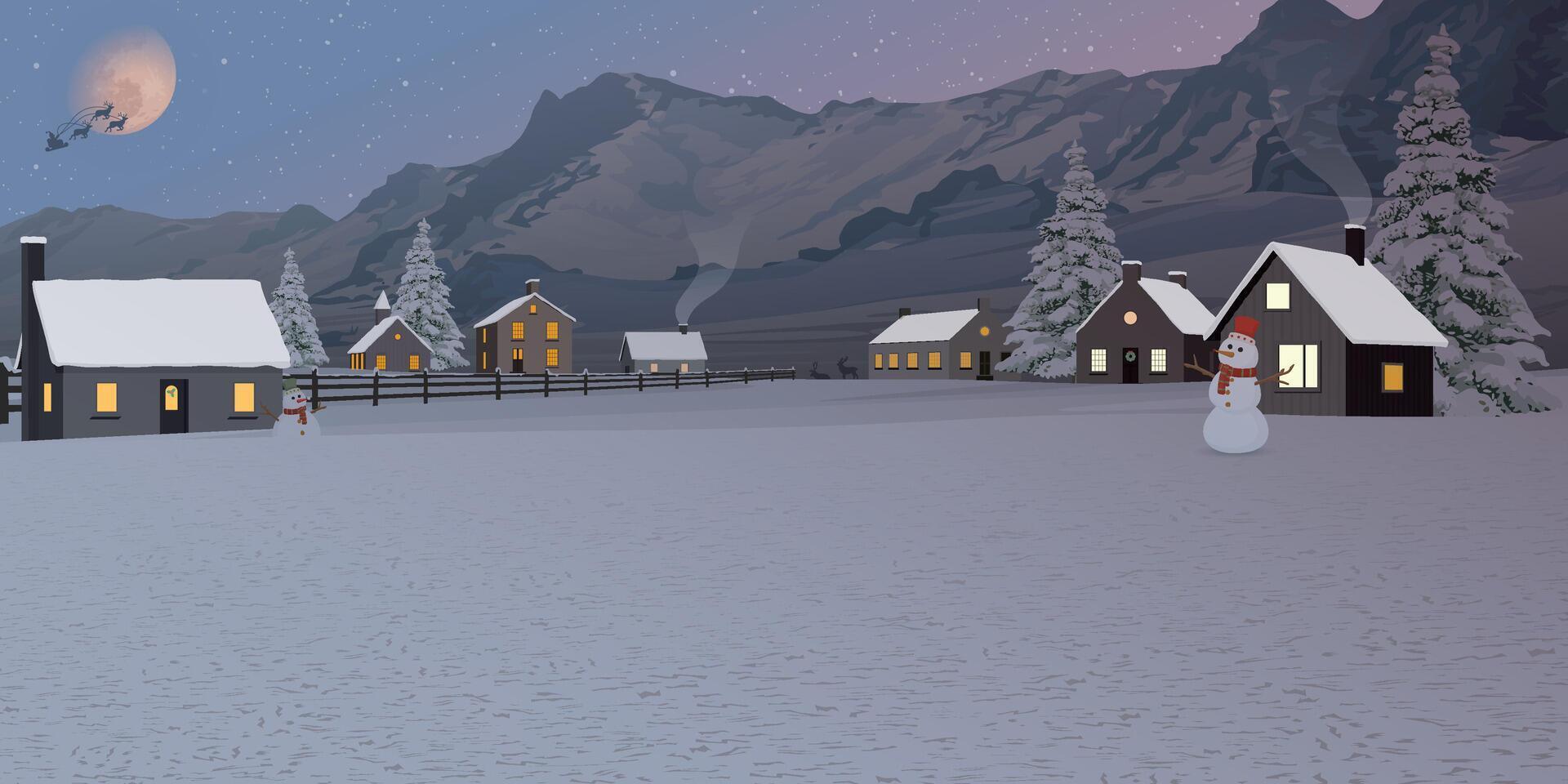Winter landscape in Christmas eve with small town covered by snow graphic illustration. Merry Christmas and Happy New Year greeting card template. vector