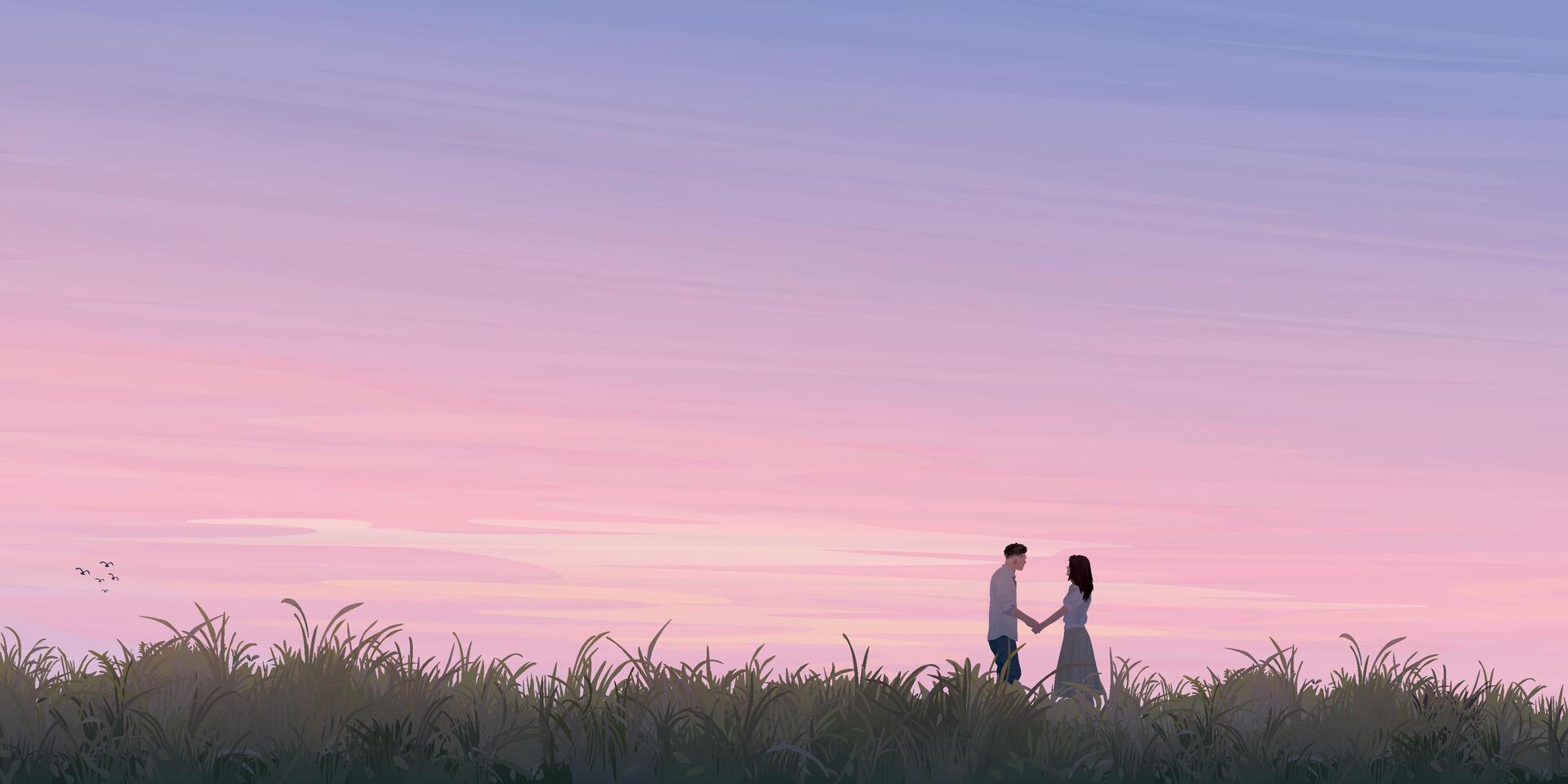Silhouette grass field landscape with couple of lover hand holding together graphic illustration have blank space at twilight sky background. Valentine's day greeting card template. vector