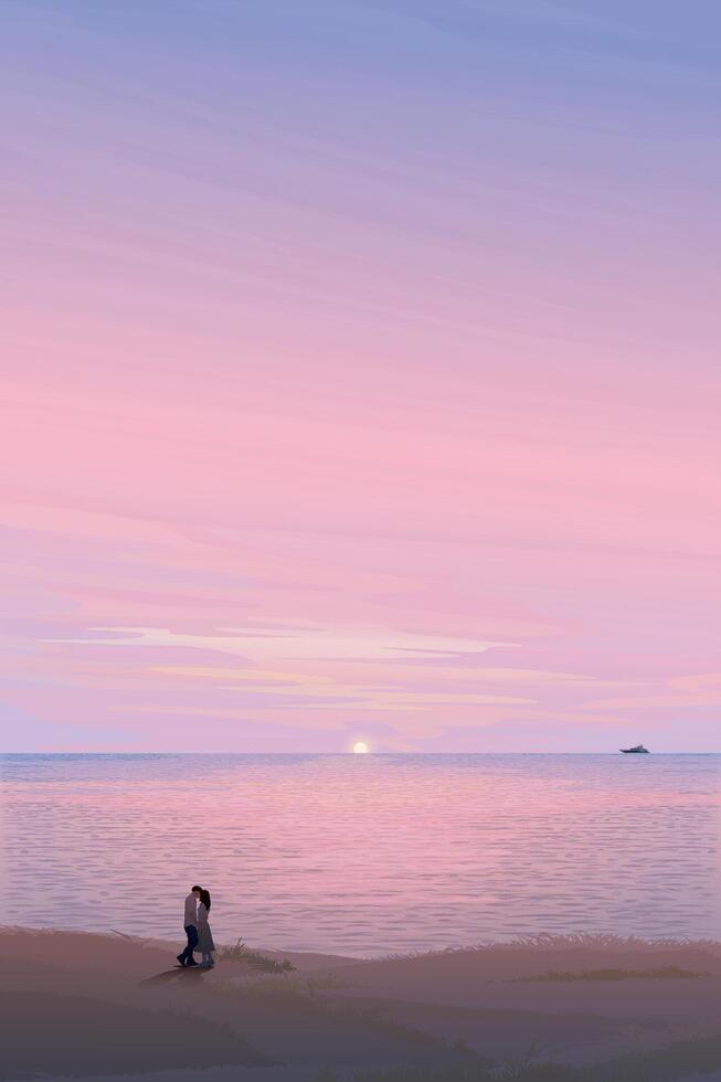 Seascape with couple of lover kissing silhouetted at cliff have twilight sky vertical background graphic illustration. Valentine day illustrated concept have blank space. vector