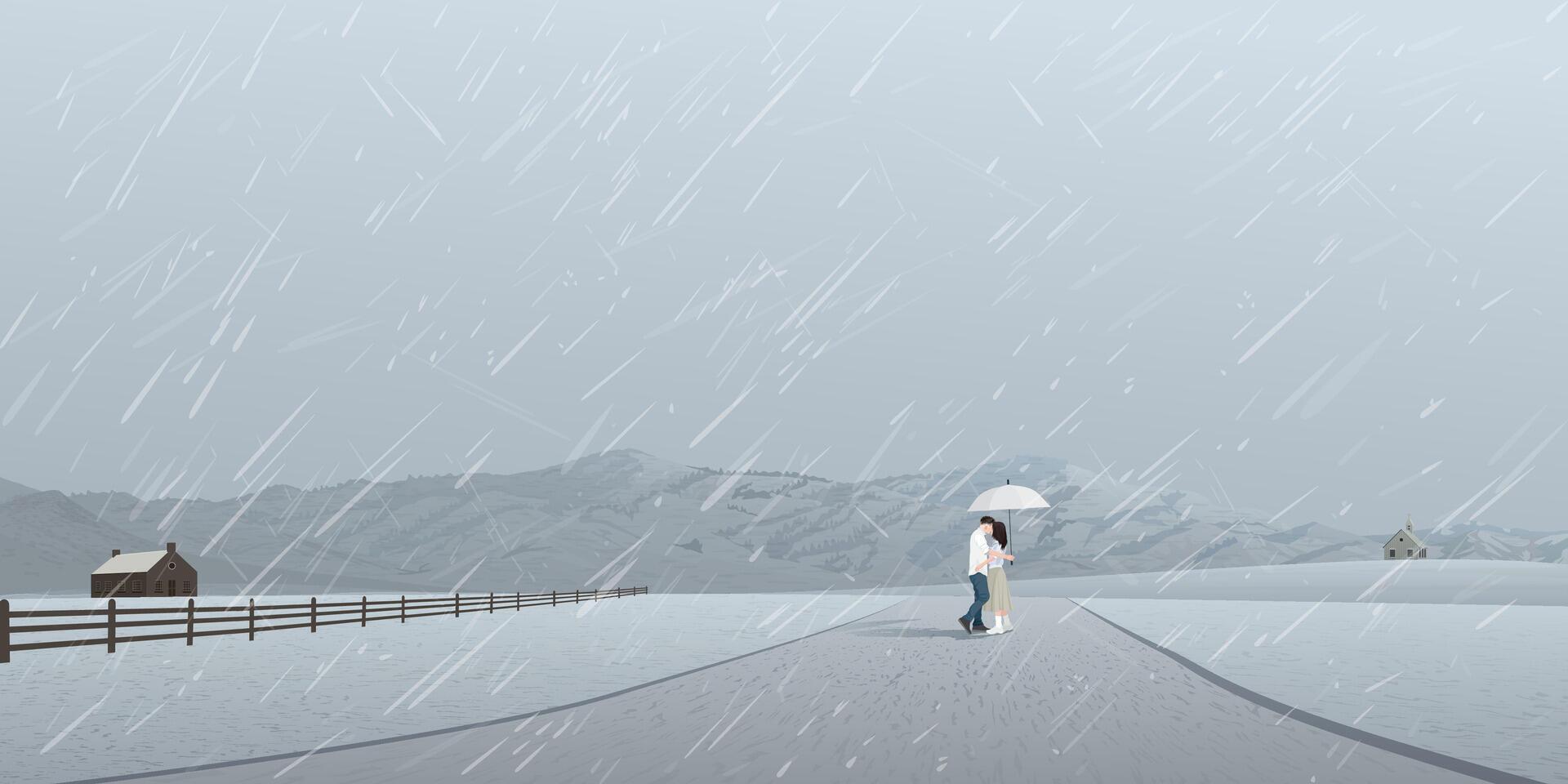 Countryside landscape in rainy day with couple of lover kissing under umbrella have mountain ranges and dusk sky background. vector