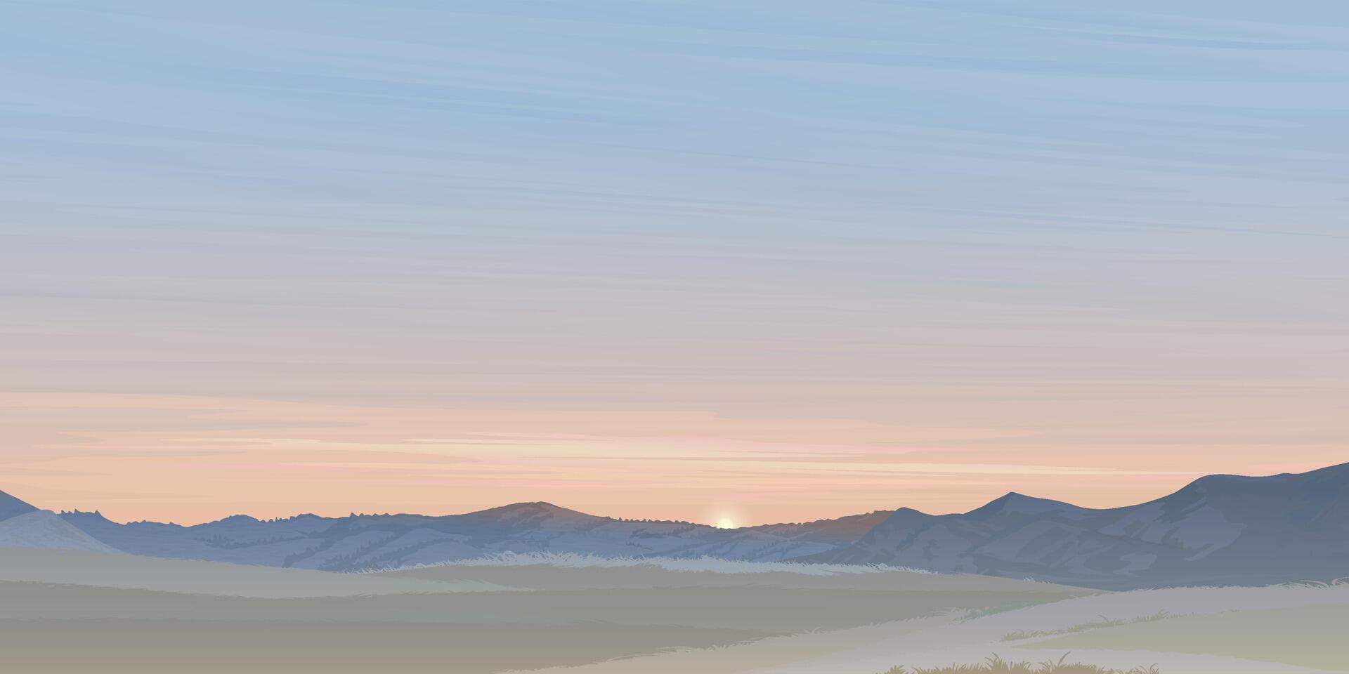 Silhouette grass hill landscape have mountain ranges and sunset sky background. vector