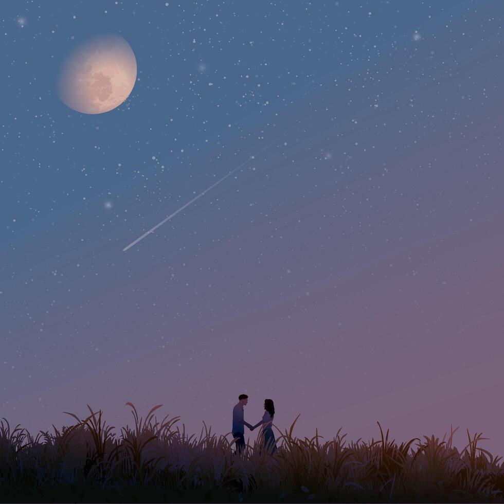 Silhouette grass field landscape with couple of lover hand holding together graphic illustration have blank space at twilight sky background. Valentine's day greeting card square template. vector