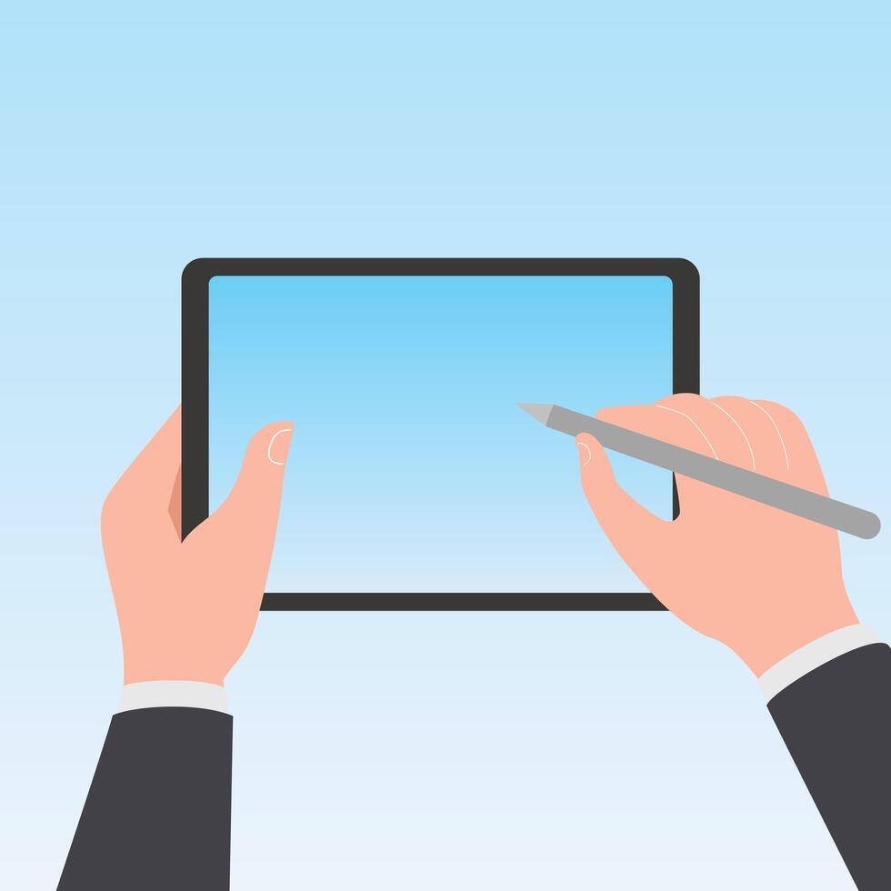 Hand holding stylus pen and writing on the tablet screen vector