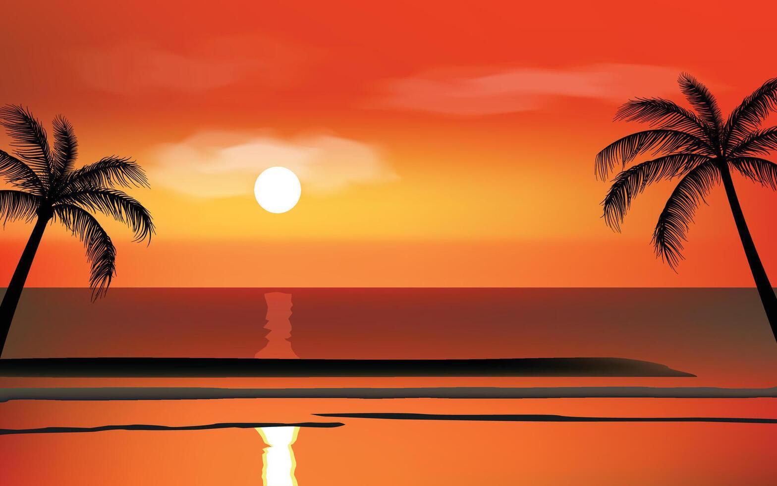 Silhouette sunset beach scene with palm trees background vector