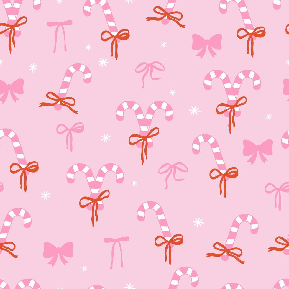 Coquette Christmas winter seamless pattern. Candy cane. Pink girly minimal aesthetic. vector
