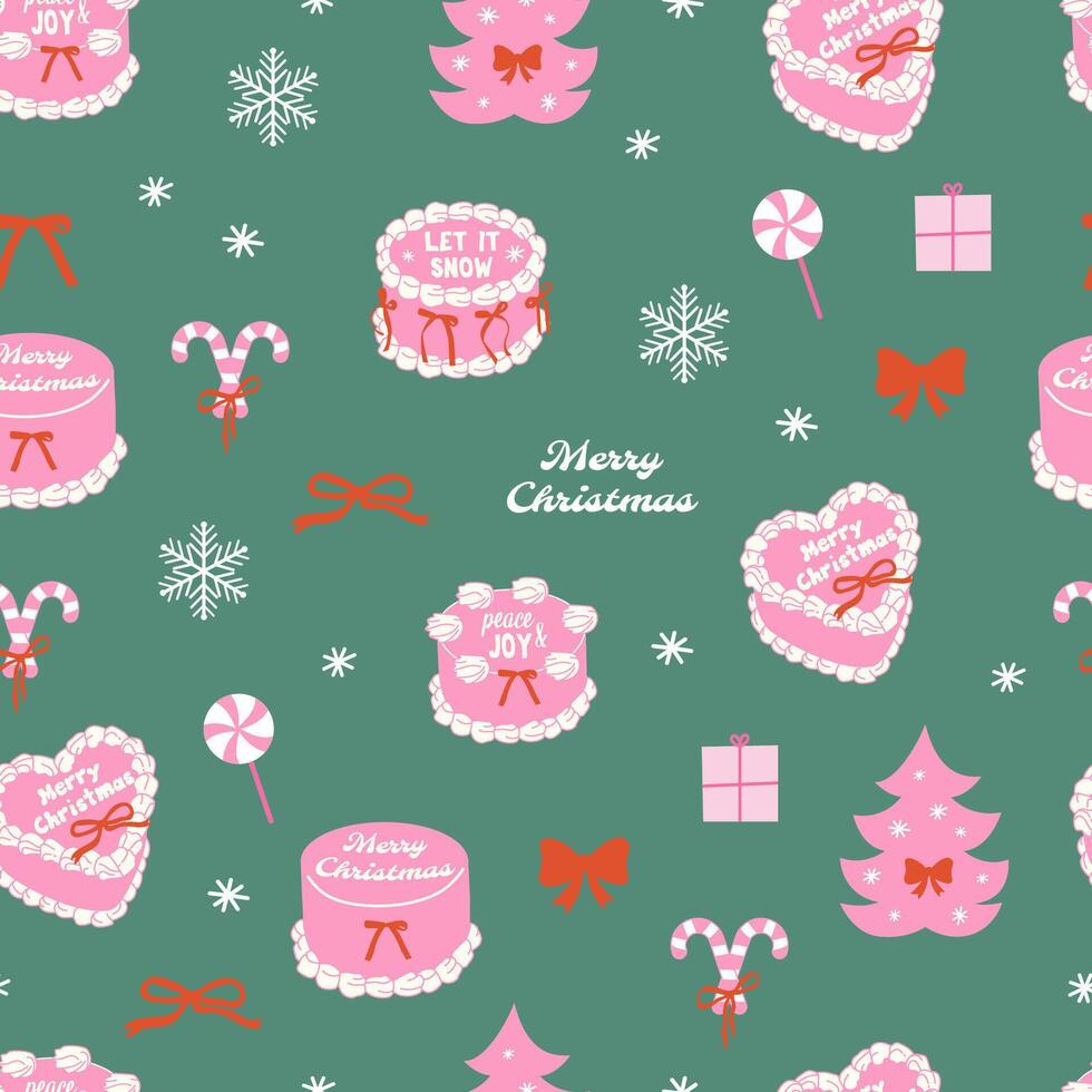 Christmas cake y2k style. Festive seamless pattern. Coquette bow and ribbon vector
