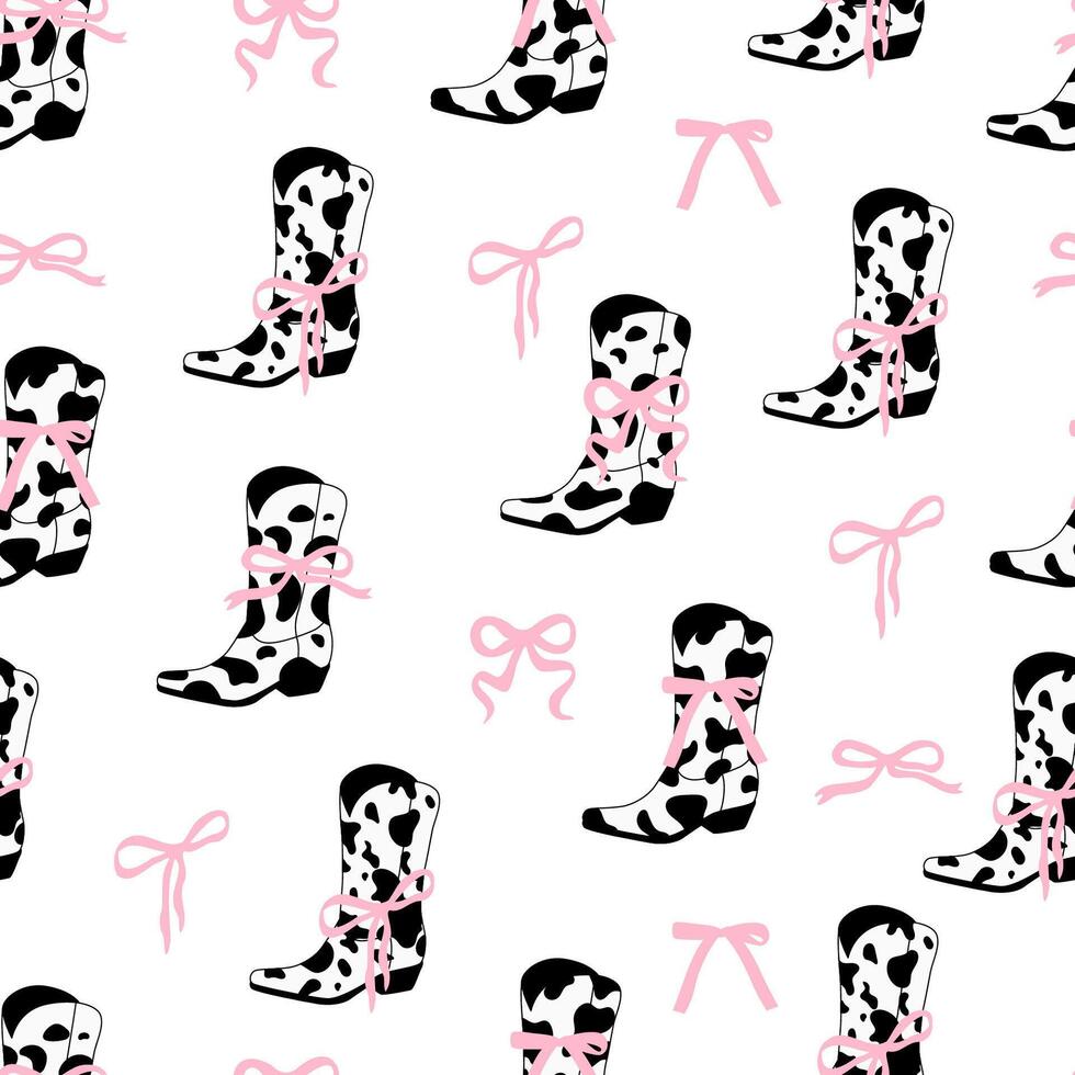 Coquette cowboy cowgirl seamless pattern. Pink ribbon bow vector