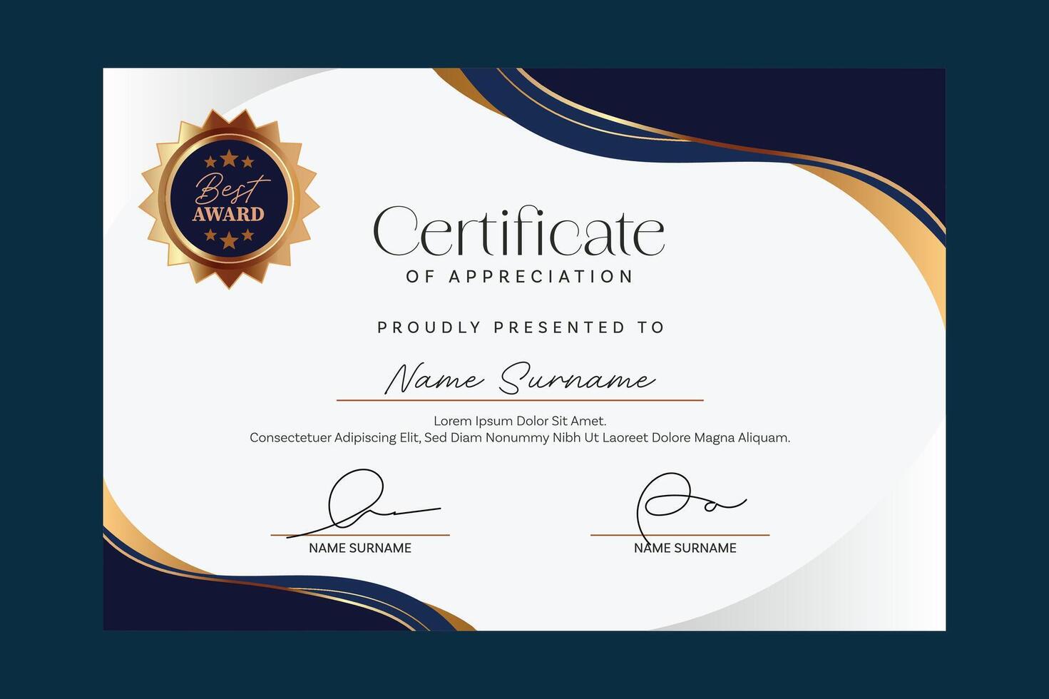 Certificate of appreciation template, gold and blue color. Clean modern certificate with gold badge. Certificate border template with luxury and modern line pattern. Diploma template vector