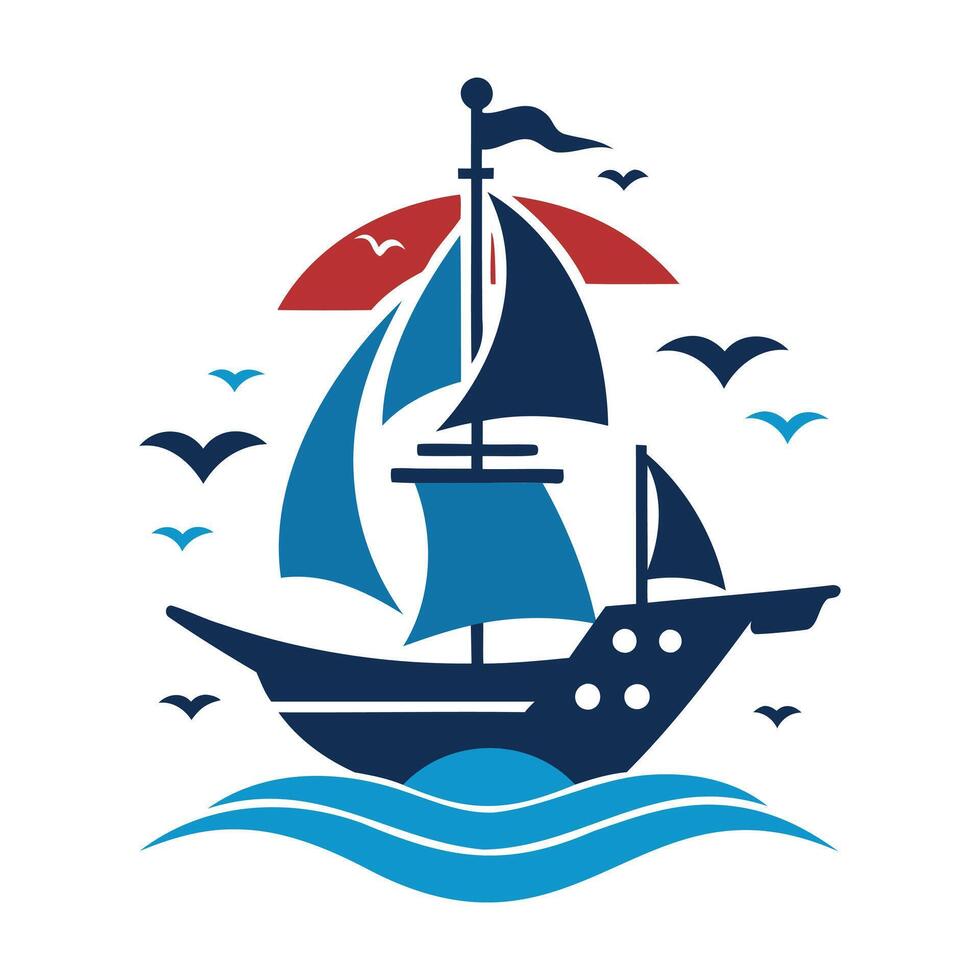 A blue and white logo with a sailboat vector