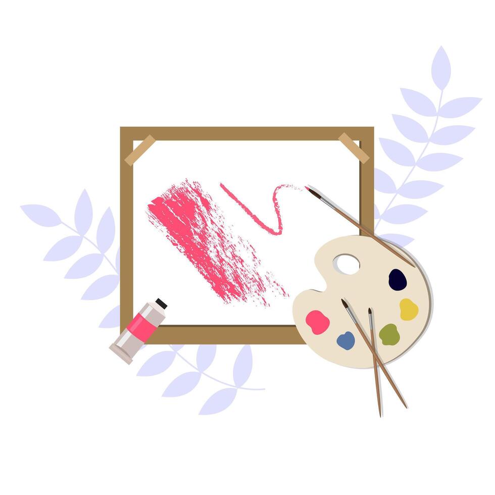 tablet with paper, brushes, paint in tubes and palet. Painter equipment. Great element for your design. Workplace, set of tools, hobby concept. vector