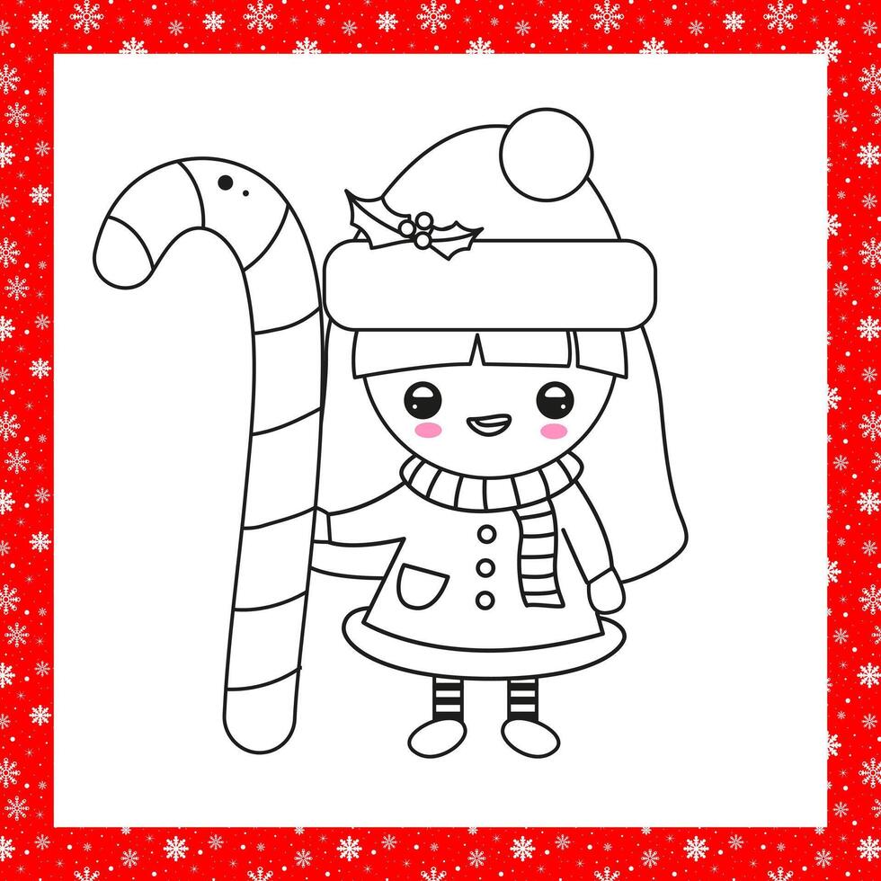 Christmas coloring book page with cute little girl in Santa costume and a candy cane vector